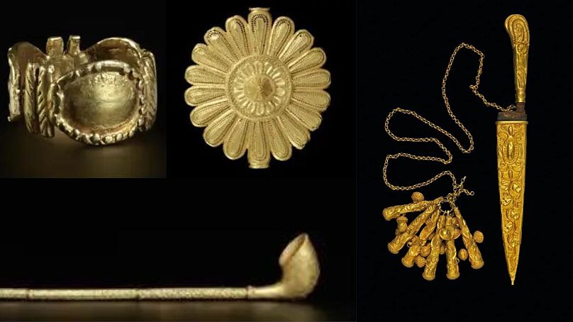 An Asante gold ring, a gold badge worn by the king's "soul washer", a ceremonial pipe (all from V&A) and a ceremonial knife and sheath (from BM)
