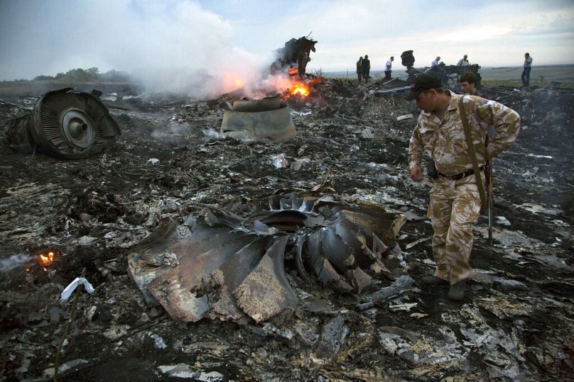 The wreckage of flight MH17 in eastern Ukraine, 2014.