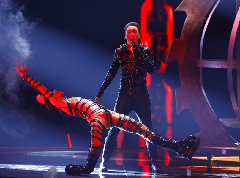 atari of Iceland perform the song "Hatrio mun sigra" during the 2019 Eurovision Song Contest grand final in Tel Aviv, Israel, Saturday, 18 May 2019.