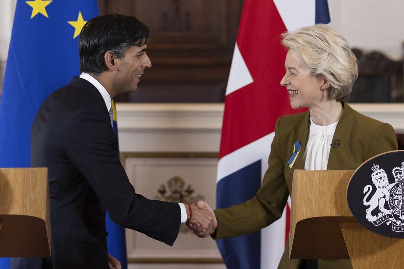 Britain's Prime Minister Rishi Sunak and EU Commission President Ursula von der Leyen shake hands after a press conference at Windsor Guildhall, February 2023