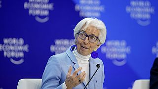 President of European Central Bank Christine Lagarde speaks in the panel "The Global Economic Outlook" on the last day of the forum's Annual Meeting in Davos, Switzerland.