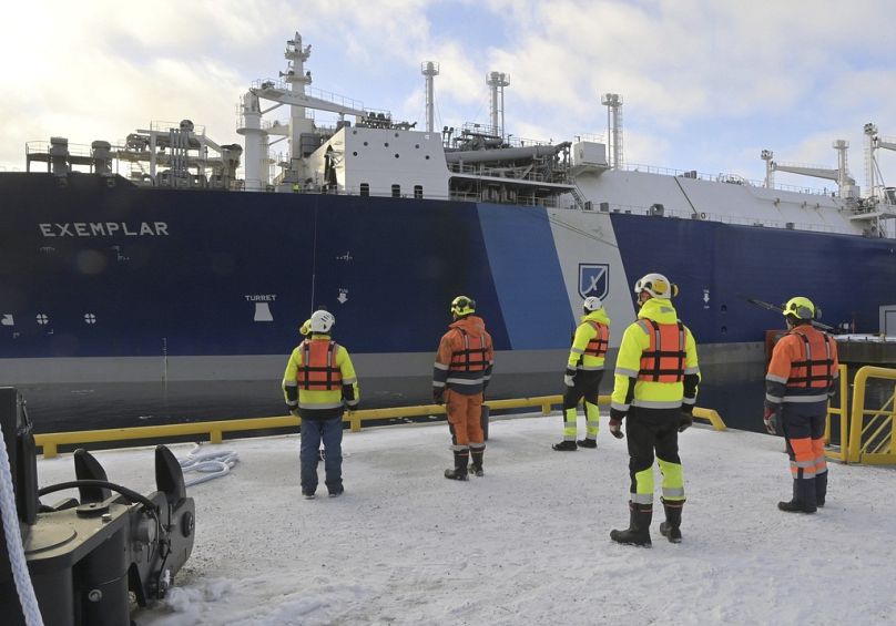 A view of the Vessel FSRU Exemplar, the floating liquefied natural gas LNG terminal chartered by Finland to replace Russian gas, at the port in Inkoo, December 2022