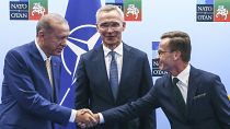 رئيس الوزراء السويدي يصافح الرئيس التركي ويتوسطهما رئيس الناتو
