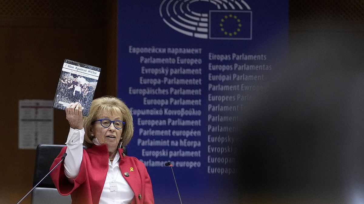 Holocaust survivor Irene Shashar addresses the European Parliament plenary in Brussels on Jan. 25, 2023. 