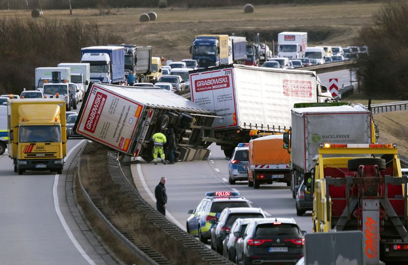 A truck crashed during heavy storms at the motorway A 71 near Erfurt, January 2018