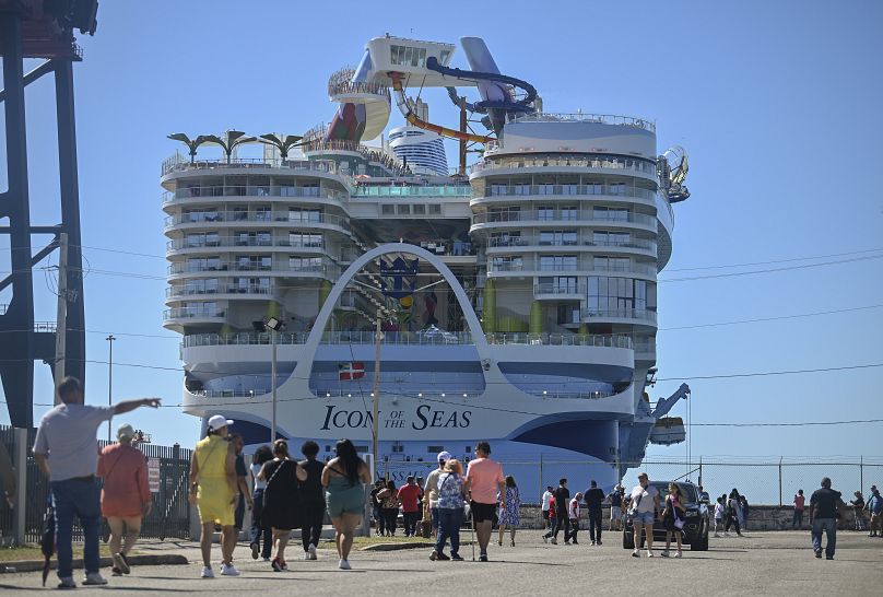 The Icon of the Seas cruise ship docked in Ponce, Puerto Rico, as part of its trial voyage and certification process.