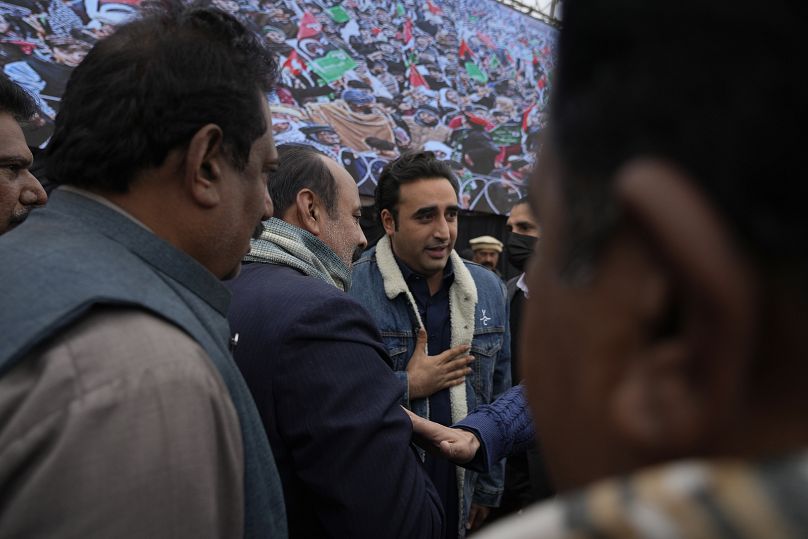 Bilawal Bhutto Zardari, Chairman of Pakistan People's Party, talks with party aids during an election campaign rally in Bhalwal, Pakistan, 24 January 2024.