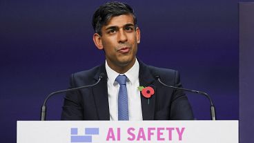Britain's PM Rishi Sunak speaks during the AI Safety Summit at Bletchley Park, UK. Nov. 2, 2023.