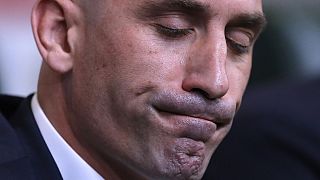 FILE - Spanish football president Luis Rubiales grimaces during a press conference at the 2018 soccer World Cup in Krasnodar, Russia, Wednesday, June 13, 2018. 