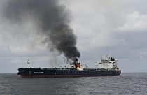 A view of the oil tanker Marlin Luanda on fire after an attack, in the Gulf of Aden
