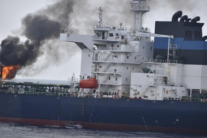 A view of the oil tanker Marlin Luanda on fire after an attack, in the Gulf of Aden