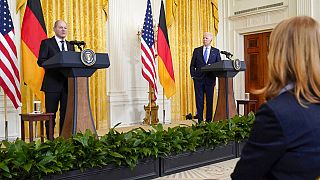 President Joe Biden and German Chancellor Olaf Scholz during a news conference in the East Room of the White House in 2022