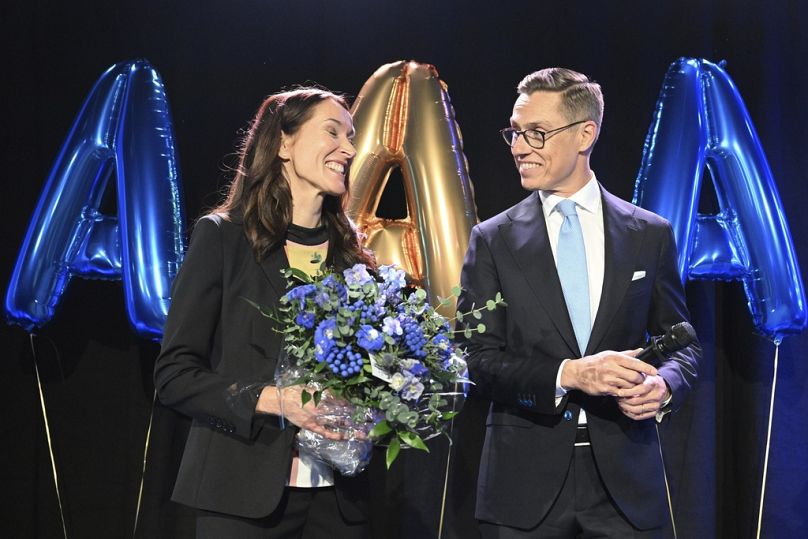 National Coalition presidential candidate Alexander Stubb and wife Suzanne Innes-Stubb celebrate winning the first round at the presidential elections