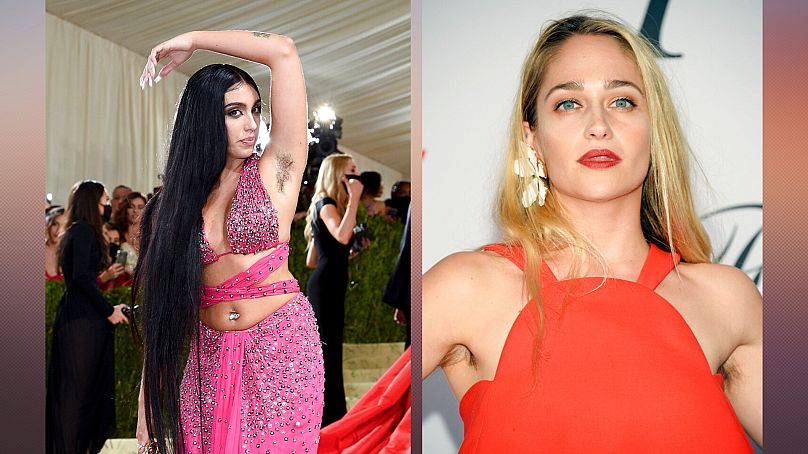 A growing contingent of female celebrities is embracing underarm hair on the red carpet. Here, Loudes Leon (left) and Jemima Kirke (right).