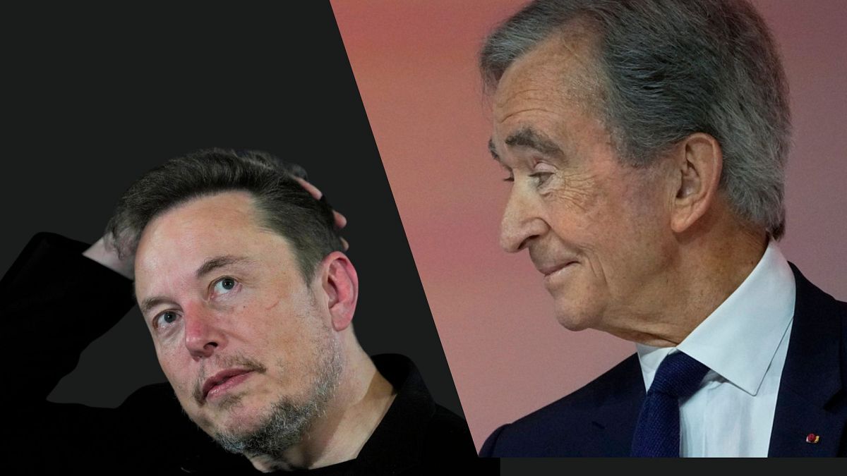 Elon Musk, diretor executivo da Tesla, à esquerda, e Bernard Arnault, diretor executivo do grupo de luxo LVMH, à direita.