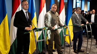 Le ministre hongrois des Affaires étrangères Peter Szijjarto, à gauche, avec son homologue ukrainien Dmytro Kuleba, à droite, à Kyiv, Ukraine, lundi 29 janvier 2024.