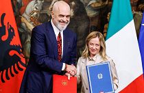 Italy's Premier Giorgia Meloni, right, and Albania's Prime Minister Edi Rama, left, during a meeting in Rome, Italy, Monday, Nov. 6, 2023.