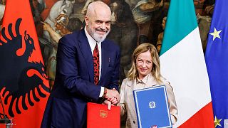 Italy's Premier Giorgia Meloni, right, and Albania's Prime Minister Edi Rama, left, during a meeting in Rome, Italy, Monday, Nov. 6, 2023.