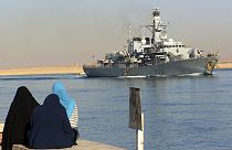 The British frigate HMS Portland heads through the Suez canal, in Ismailia, Egypt Wednesday, Dec. 3, 2008.