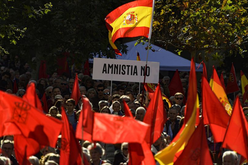 Demonstrators hold up a banner reading: "No to Amnesty" as people wave Spanish and Navarre flags during a protest against a potential amnesty law,