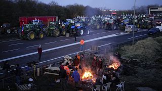 Farmers warm themselves around a bonfire as they block a highway with their tractors in Ourdy, south of Paris, Wednesday, Jan. 31.