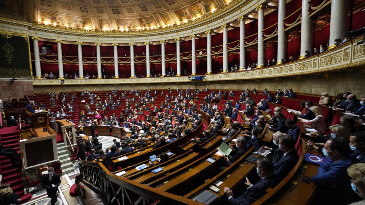 Parliament members attend a session of questions to the Government at the French National Assembly in Paris, France, Tuesday, Jan. 4, 2022.