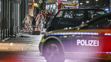Kolluk kuvvetleri personeli 26 Ocak 2024 Cuma günü geç saatlerde Almanya'nın Ulm kentindeki olay yerinde çalışıyor. 