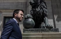 Catalan President Pere Aragones walks in front of the Spanish Parliament in Madrid, Spain, on April 21, 2022.