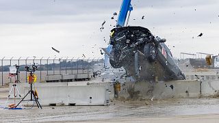 A 2022 Rivian R1T is used for a crash test research by the US Army Corps of Engineers and the University of Nebraska-Lincoln's Midwest Roadside Safety Facility.