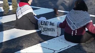 عدد من المتظاهرين يعتصمون وسط طريق في واشنطن تأييدا لفلسطين. 2024/02/01