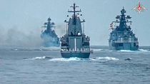 FILE: Friday, July 21,2023, warships of the Russian Black Sea Fleet sail while taking part in naval drills in the Black Sea