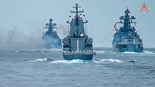 FILE: Friday, July 21,2023, warships of the Russian Black Sea Fleet sail while taking part in naval drills in the Black Sea