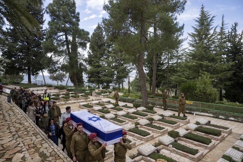 Israeli soldiers carry the flag-draped casket of reservist Gavriel Shani during his funeral at Mt. Herzl military cemetery in Jerusalem