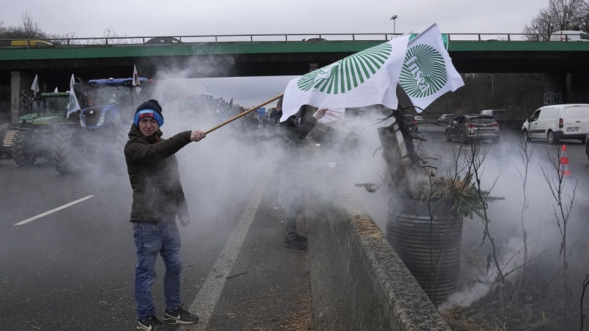 Un agricultor ondea banderas sindicales en una carretera bloqueada el jueves 1 de febrero de 2024 en Argenteuil, al norte de París.