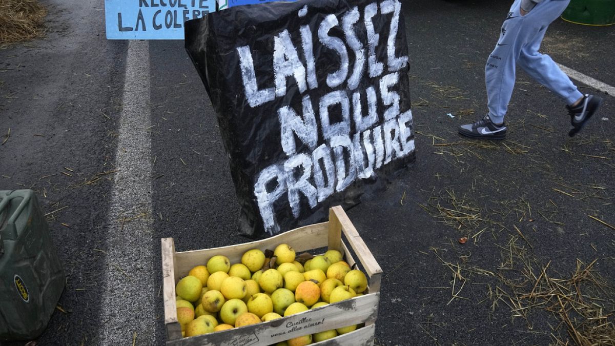 «Αφήστε μας να παράγουμε» γράφει πλακάτ Γάλλου αγρότη σε κινητοποίηση έξω από το Παρίσι, 1 Φεβρουαρίου 2024