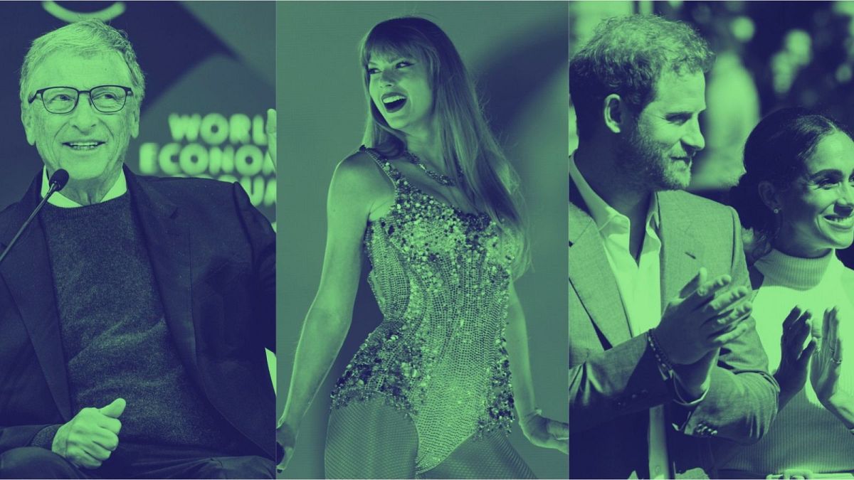 A sinistra, il fondatore di Microsoft Bill Gates; al centro, la popstar statunitense Taylor Swift; a destra, Harry e Meghan, il Duca e la Duchessa di Sussex.