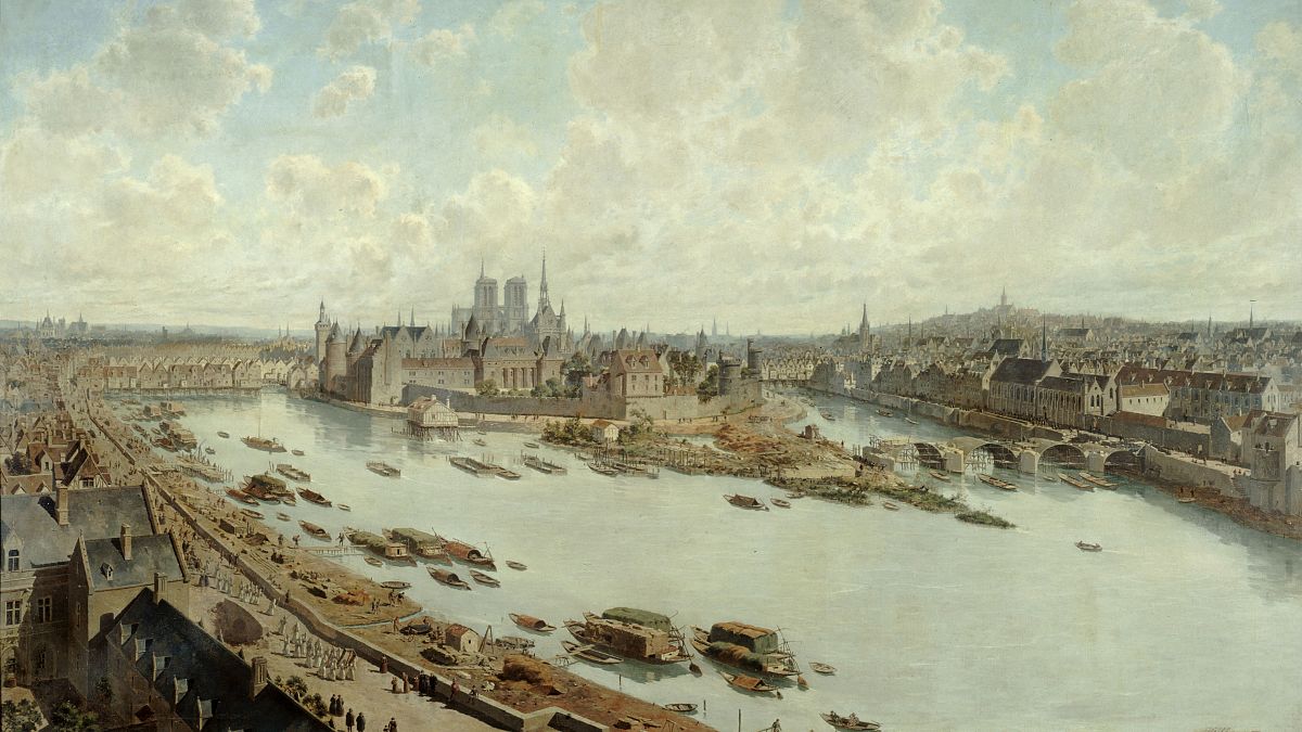 The painting "Panoramic view of Paris in 1588, from the Louvre's roof, with Pont-Neuf under construction" by Théodore-Josef-Herbert.