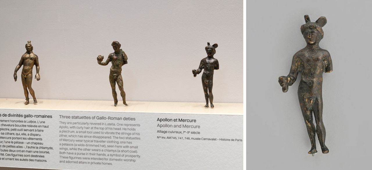 Figurines des divinités Apollon et Mercure présentées dans l'exposition "Dans La Seine". À droite, un gros plan de la figurine de Mercure.