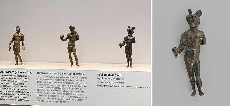 Figurines of deities Apollo and Mercury on display in the exhibition 