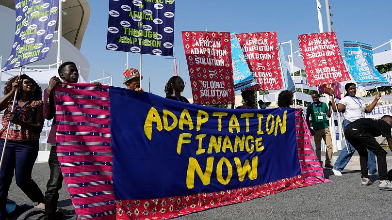 Activists participate in a demonstration with a sign that reads "adaptation finance now" at COP28.