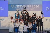 Champions of the water: E1 Series winners pose with founders Rodi Basso and Alejandro Agag as well as members of the Saudi royal family