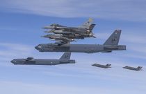 FILE.  U.S. B-52H bombers, center, and F-16 fighter jets and South Korean Air Force F-35A fighter jets