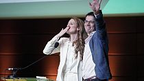 Terry Reintke of Germany, left, and Bas Eickhout of the Netherlands deliver a speech after being elected as leading candidates of the Greens Party Feb. 3, 2024