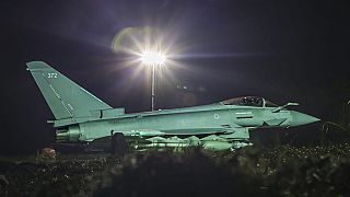 A RAF Typhoon FGR4 aircraft returning to the base, following strikes against Houthi targets in Yemen.