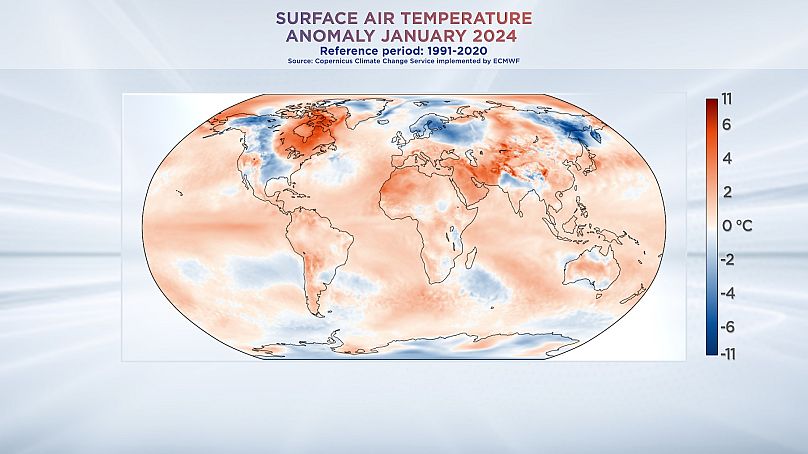 Much of the globe was warmer than average in January. Data from Copernicus Climate Change Service.