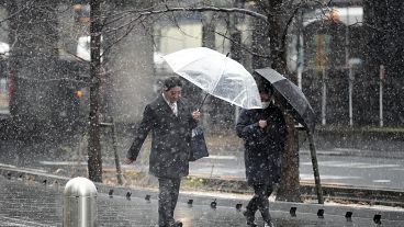 أشخاص وسط الثلوج يسيرون بأحد شوارع طوكيو-اليابان