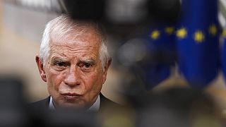 European Union foreign policy chief Josep Borrell talks to journalists as he arrives for an EU summit in Brussels, Thursday, Feb. 1, 2024.