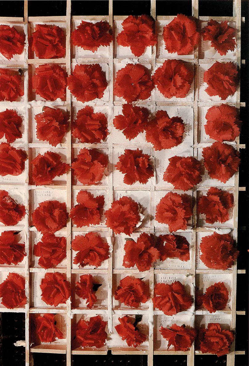 Βλάσης Κανιάρης, Χωρίς τίτλο, 1969, γύψος σε ξύλινο πλέγμα και φυτεμένα κόκκινα γαρίφαλα, 100 x 53 x 6 εκ, Ιδιωτική Συλλογή
