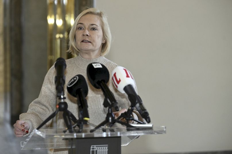 La ministra dell'Interno finlandese Mari Rantanen durante la conferenza stampa sul confine tra Finlandia e Russia, giovedì 8 febbraio 2024. Frontiere chiuse fino al 14 aprile