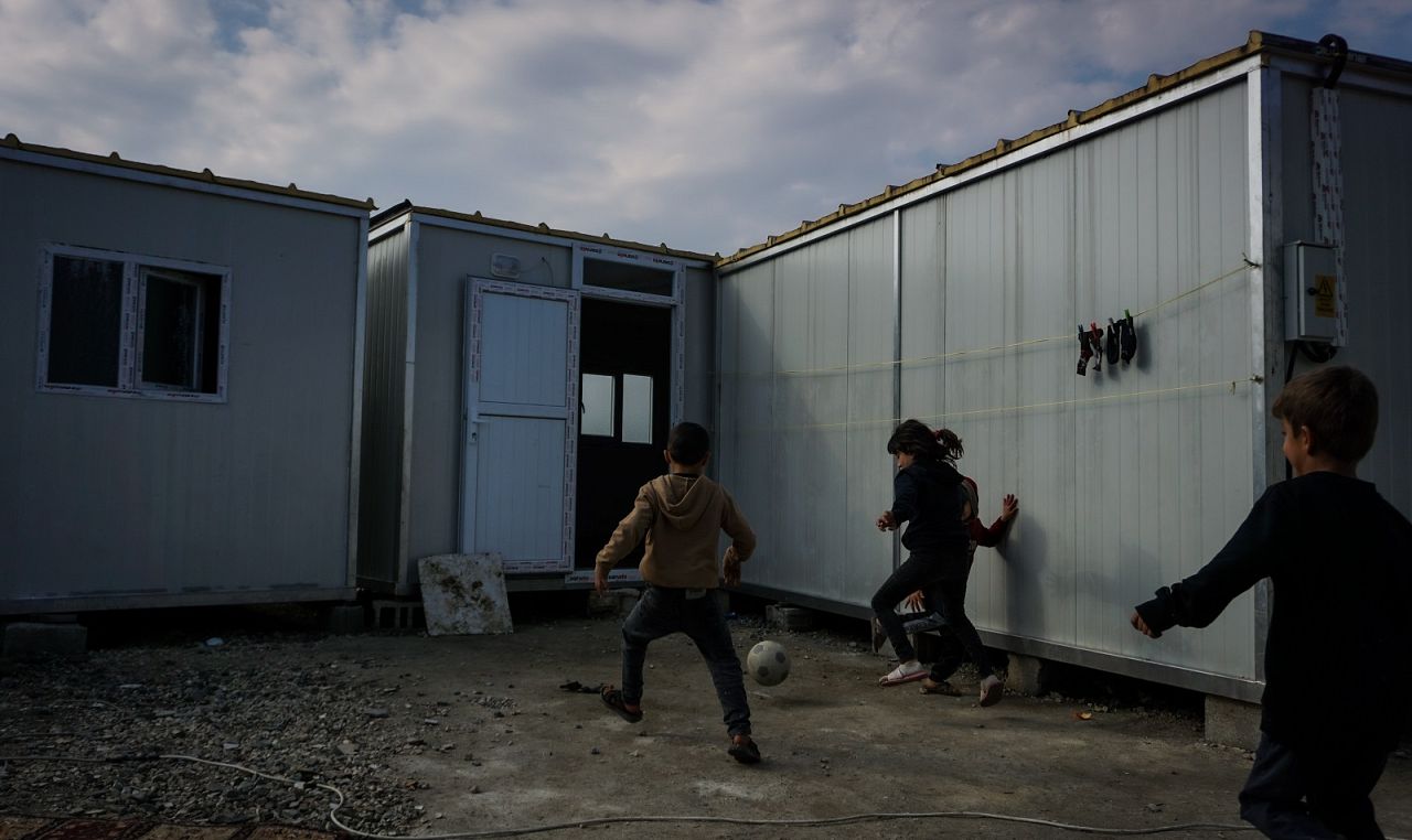 Syrian children playing in the courtyard of their informal camp in Narlıca, Turkey, Friday 2nd February, 2024